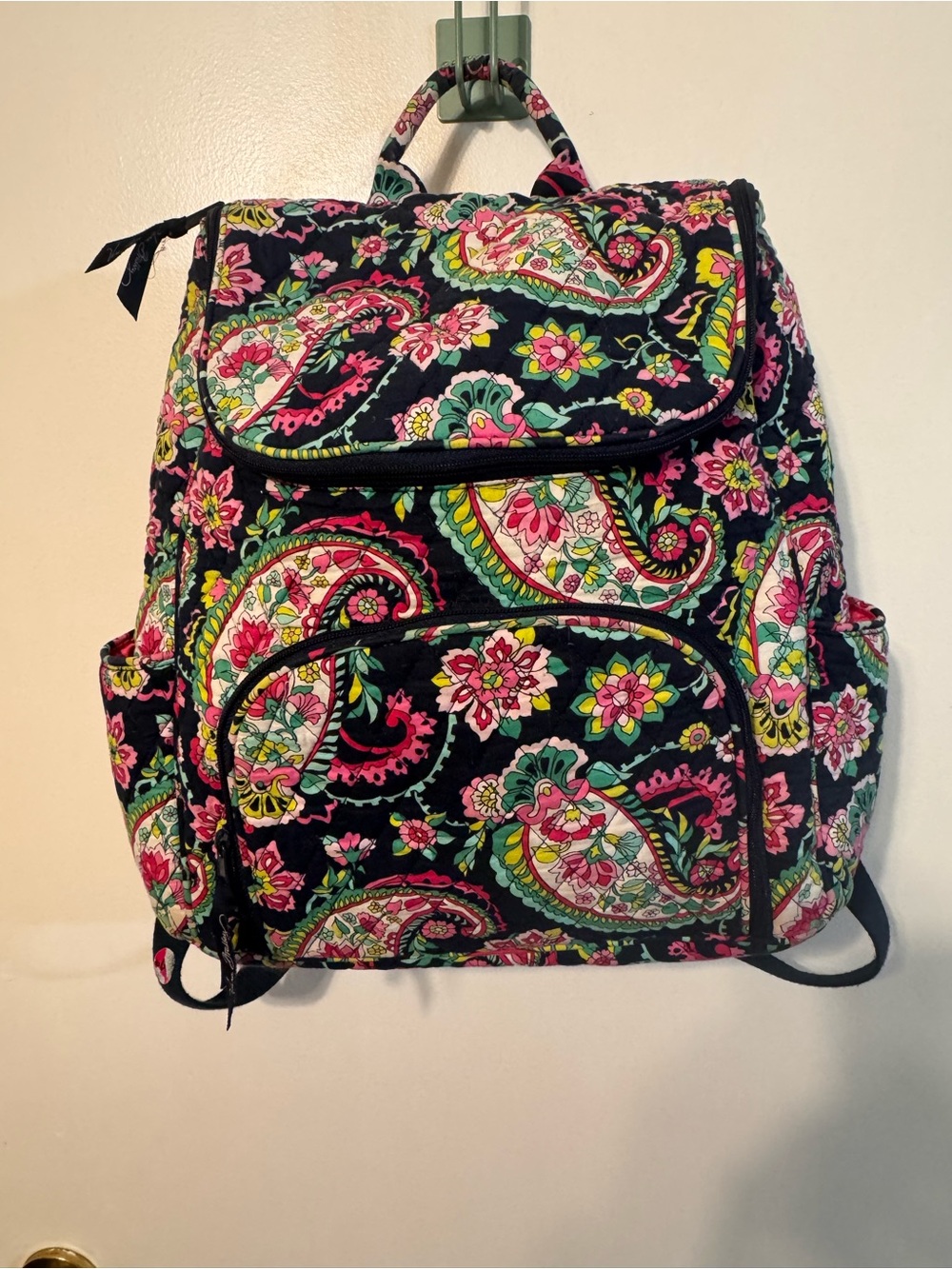 Vera Bradley Black Quilted Backpack with Pink & Green Paisley
